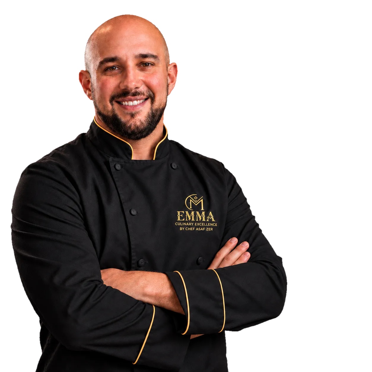 Chef Asaf Zer in a black Emma chef's jacket with gold piping, arms crossed, smiling.